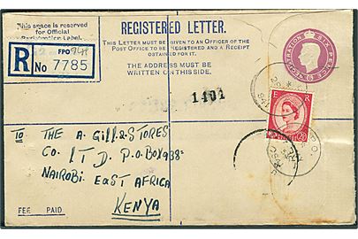 6d George VI anbefalet helsagskuvert opfrankeret med 2½d Elizabeth annulleret med feltpoststempel F.P.O. 941 (= Kabrit, Egypten) d. 28.5.1954 til Nairobi, Kenya.
