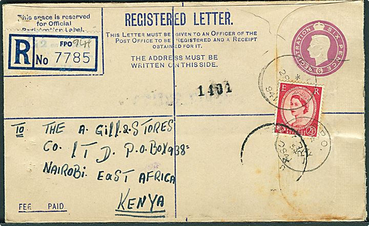 6d George VI anbefalet helsagskuvert opfrankeret med 2½d Elizabeth annulleret med feltpoststempel F.P.O. 941 (= Kabrit, Egypten) d. 28.5.1954 til Nairobi, Kenya.