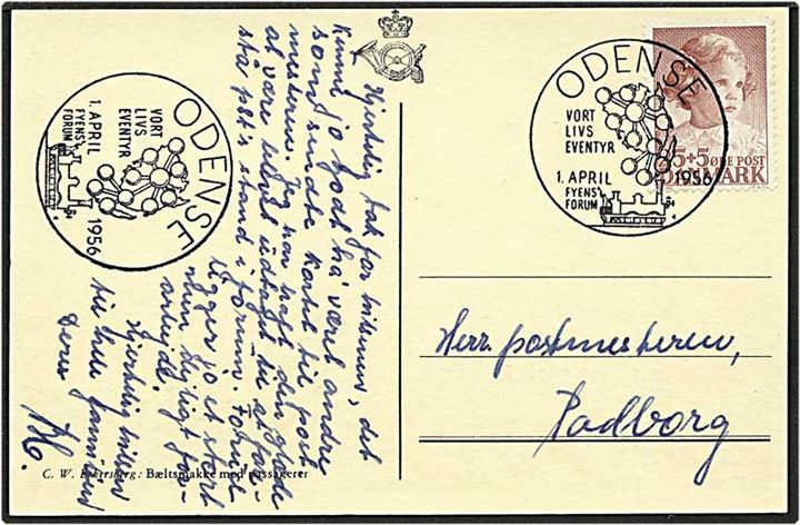 25+5 øre brunrød prinsesse Anne-Marie på postkort fra Odense d. 1.4.1956 til Padborg. Odense særstempel.