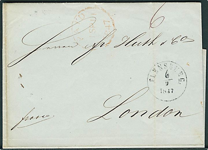 1847. Francobrev med 1½ ringsstempel Flensburg d. 6.9.1847 via K.D.P.A. Altona til London, England. Rød ank.stempel Paid d. 11.9.1847.