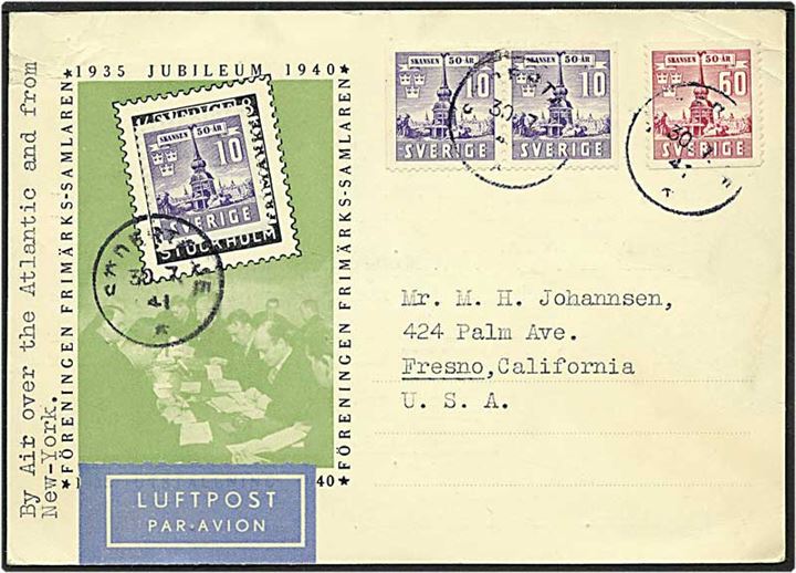 10 øre violet og 60 øre rød Skansen på luftpost kort fra Södertälje, Sverige, d. 30.7.1941 til Fresno, USA.