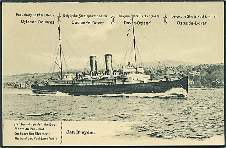 Om bord på Damperen Jan Breydel. Belgian State Packet Boats Dover - Ostend. U/no. 10 c. helsagsbrevkort.
