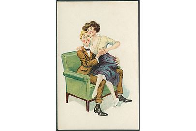 Mand med kvinde på skødet, sidder i grøn stol. S. S. W. B. no. 211. 