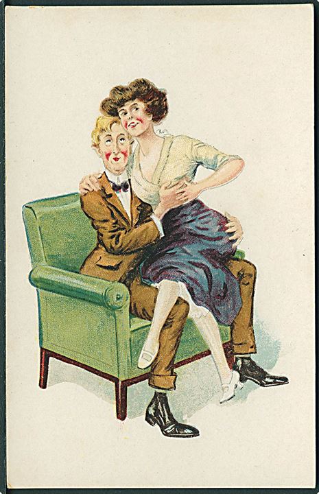 Mand med kvinde på skødet, sidder i grøn stol. S. S. W. B. no. 211. 