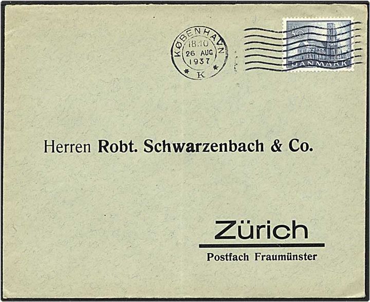 30 øre blå Ribe Domkirke singelfrankatur på brev fra København d. 26.8.1937 til Zürich, Schweiz.