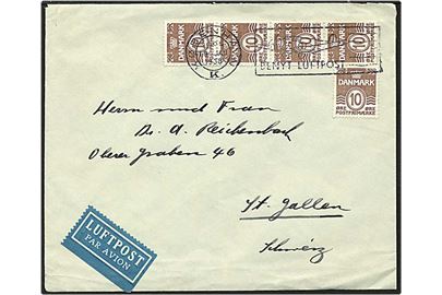 10 øre brun bølgelinie på luftpost brev fra København d. 19.1.1938 til St. Gallen, Schweiz.