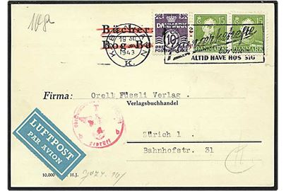 10 øre violet bølgelinie og 15 øre grøn Chr. X på luftpost kort fra København d. 14.1.1943 til Zürich, Schweiz. Tysk censur.