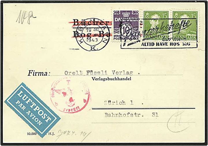 10 øre violet bølgelinie og 15 øre grøn Chr. X på luftpost kort fra København d. 14.1.1943 til Zürich, Schweiz. Tysk censur.
