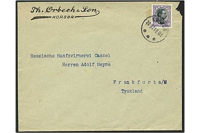 40 øre lilla/sort Chr. X singelfrankatur på brev fra Korsør d. 22.9.1921 til Frankfurt, Tyskland.