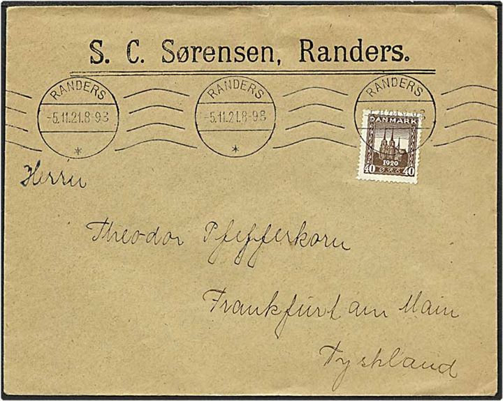 40 øre brun Roskilde Domkirke på brev fra Randers d. 5.11.1921 til Frankfurt, Tyskland.