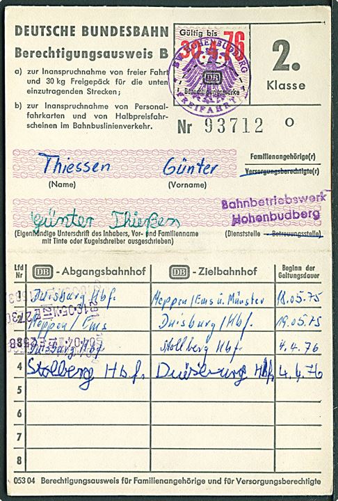 Deutsche Bundesbahn 2. kl. fribillet med gyldighedsmærke til 30.4.1976 stemplet Hohenbudberg.