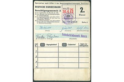 Deutsche Bundesbahn 2. kl. fribillet med gyldighedsmærke til 30.4.1975 stemplet Neuss.