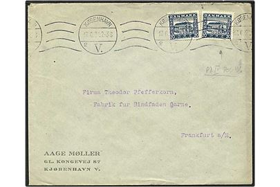 20 øre blå Sønderborg Slot, et mærke med plet på 0 og hak i bølge for oven, på brev fra København d. 17.6.1921 til Frankfurt, Tyskland.
