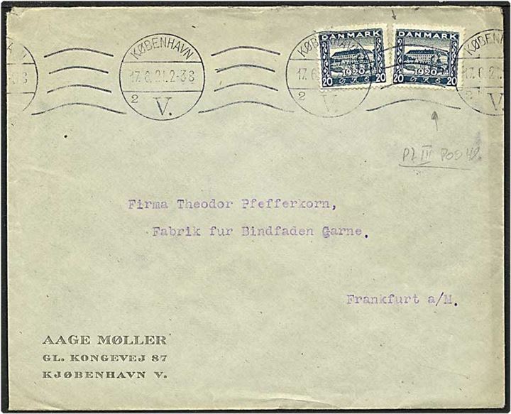 20 øre blå Sønderborg Slot, et mærke med plet på 0 og hak i bølge for oven, på brev fra København d. 17.6.1921 til Frankfurt, Tyskland.
