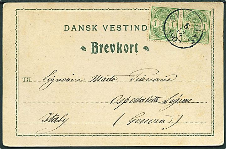 1 cent Våben i parstykke på brevkort (Udsigt over St. Thomas havn) stemplet St. Thomas d. 5.12.1903 til Genua, Italien. 