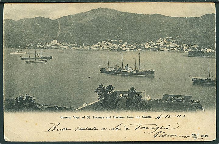 1 cent Våben i parstykke på brevkort (Udsigt over St. Thomas havn) stemplet St. Thomas d. 5.12.1903 til Genua, Italien. 