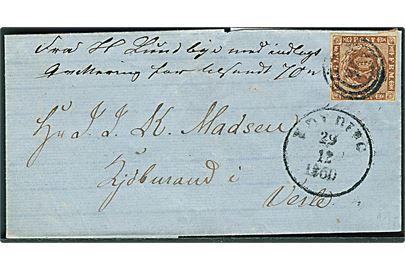 4 sk. 1858 udg. på brev annulleret med svagt nr.stempel 36 og sidestemplet antiqua Kolding d. 29.12.1860 til Vejle.