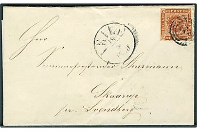 4 sk. 1854 udg. på brev annulleret med nr.stempel 76 og sidestemplet antiqua Veile d. 18.5.1860 via Middelfart til Skaarup pr. Svendborg.