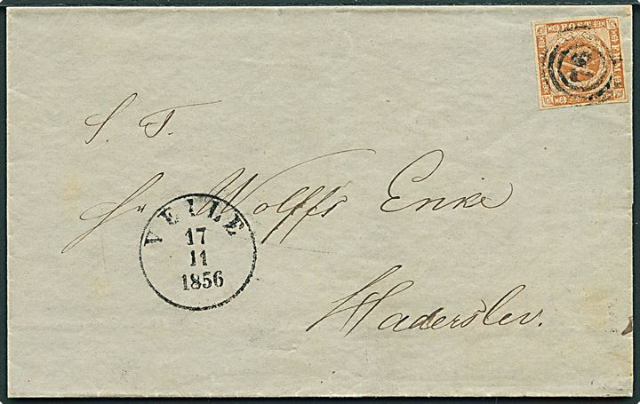 4 sk. 1854 udg. på brev annulleret med nr.stempel 76 og sidestemplet antiqua Veile d. 17.11.1856 til Haderslev.