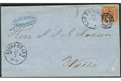 4 sk. stukken kant på brev annulleret med nr.stempel 1 og sidestemplet antiqua Kiøbenhavn KB d. 28.7.1863 og ovalt overnatningsstempel Kiøbenhavn d. 29.7.1863 til Vejle.