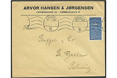 25 øre blå kræftmærke singelfrankatur på brev fra København d. 5.2.1930 til St. Gallen, Schweiz.