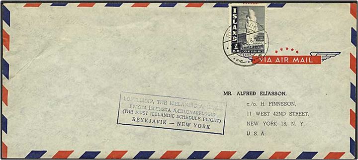 1 kr. sortblå Geysir på luftpost brev fra Reykjavik, Island, d. 16.8.1948 til USA.