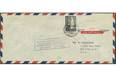 1 kr. sortblå Geysir på luftpost brev fra Reykjavik, Island, d. 25.8.1948 til USA.