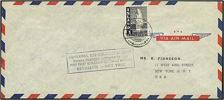 1 kr. sortblå Geysir på luftpost brev fra Reykjavik, Island, d. 25.8.1948 til USA.