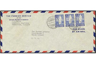 35 aur blå Geysir på luftpost brev fra Reykjavik, Island, d. 30.7.1947 til USA.