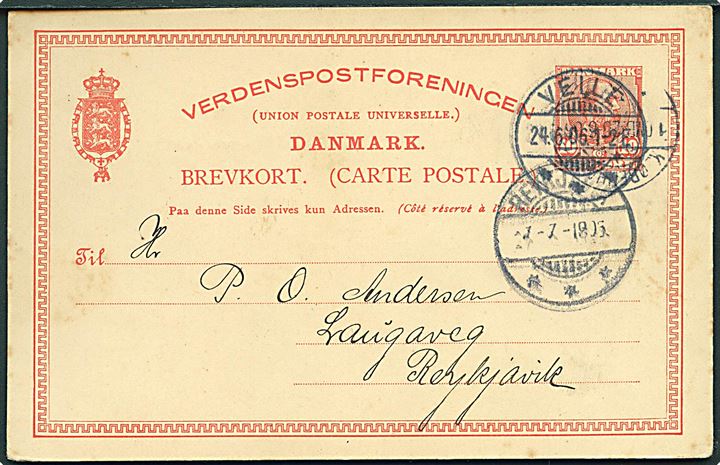 10 øre Chr. IX helsagsbrevkort fra Veile d. 24.6.1906 via Kjøbenhavn til Reykjavik, Island. Ank.stemplet Reykjavik d. 7.7.1906.