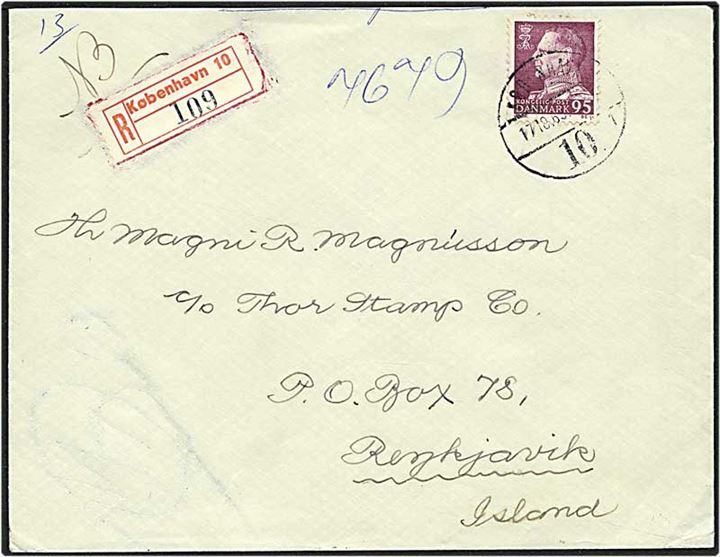 95 øre mørkrødlilla Fr. IX singelfrankatur på Rec. brev fra København d. 17.10.1963 til Reykjavik, Island.