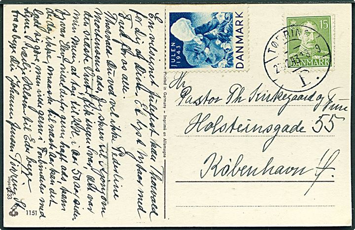 15 øre Chr. X og Julemærke 1943 på julekort annulleret med brotype Vc Tørring B. d. 23.12.1943 til København.