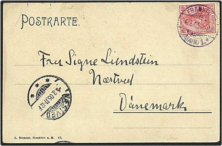 10 pf rød på postkort fra Frankfurt, Tyskland, d. 4.3.1905 til Næstved. Frankfurt violet brotypestempel.