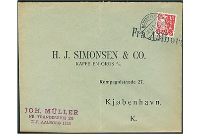 15 øre Karavel på skibsbrev annulleret med liniestempel Fra Aalborg og sidestemplet København K. d. 28.9.1938 til København.