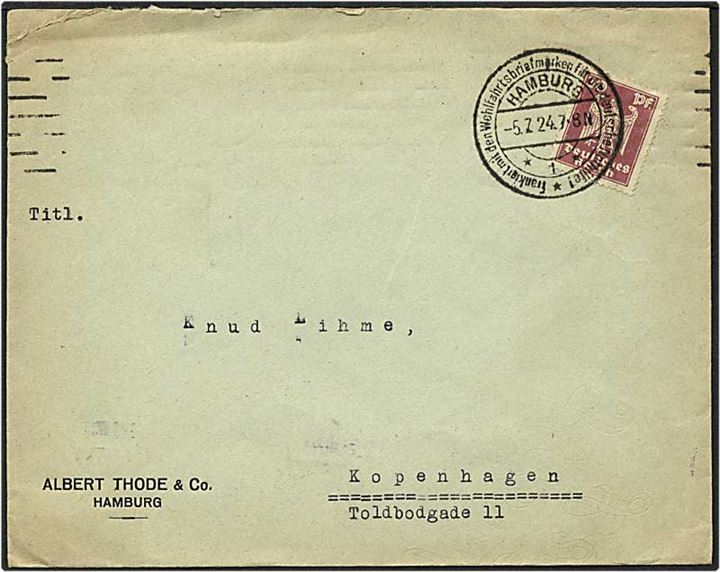 30 pfennig rødlilla på brev fra Hamburg, Tyskland, d. 5.7.1924 til København.
