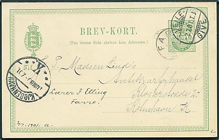 5 øre Våben helsagsbrevkort annulleret med svagt stjernestempel FARRE og sidestemplet bureau Veile - Give T.3 d. 2.7.1901 til Kjøbenhavn.