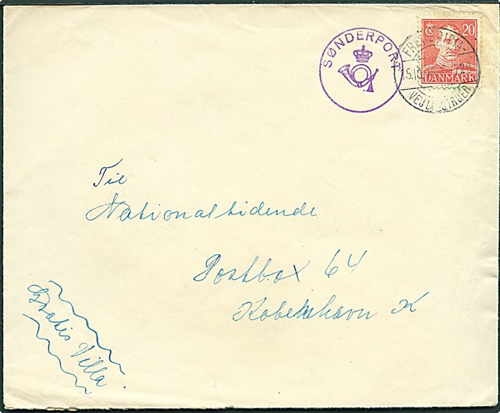 20 øre Chr. X på brev annulleret med bureaustempel Fredericia - Vejle - Struer T.728 d. 15.10.1942 og sidestemplet med posthornstempel SØNDERPORT til København.