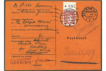 Postsag med forespørgsel fra Svendborg d. 4.4.1946 til Herning. Påsat 20 øre rød Chr. X med marginalnummer i Herning.