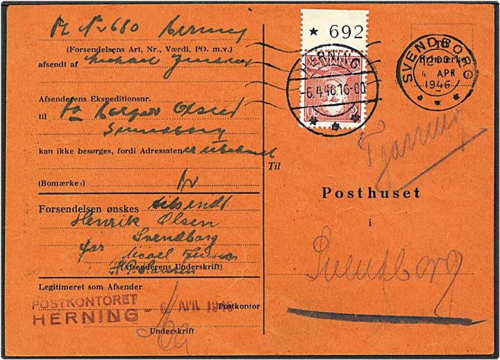 Postsag med forespørgsel fra Svendborg d. 4.4.1946 til Herning. Påsat 20 øre rød Chr. X med marginalnummer i Herning.