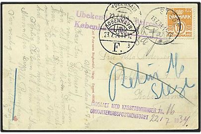 10 øre orange bølgelinie på postkort fra Stege d. 18.7.1934 til København. Ubekendt efter adressen og returneret.