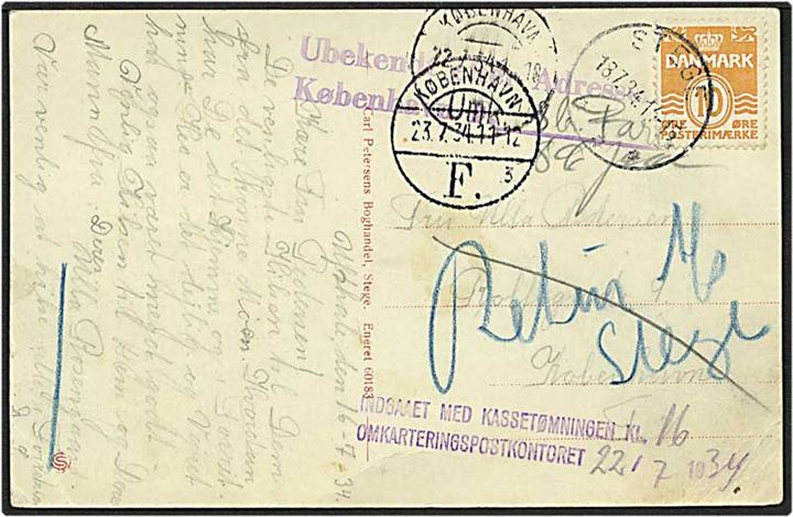10 øre orange bølgelinie på postkort fra Stege d. 18.7.1934 til København. Ubekendt efter adressen og returneret.