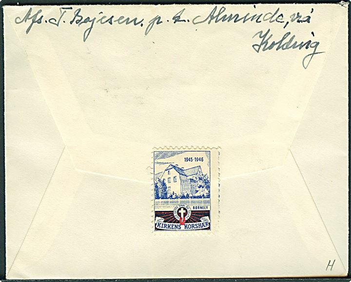 5 øre Bølgelinie fra hæfteblok på brev fra Vejle d. 25.1.1946 til KFUM's C.B.U. Hjem i Svaneke, Bornholm. CBU = Civilbeskyttelsestjenestens Udrykningskolonne.