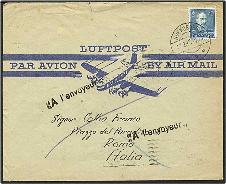 40 øre blå Chr. X singelfrankatur på luftpost brev fra Svendborg d. 17.2.1947 til Rom, Italien.