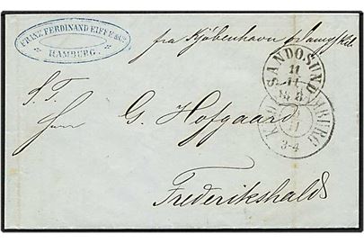 Ufrankeret brev fra Hamburg, Tyskland, d. 9.11.1888 til Frederikshald. Sandøsund stempel.