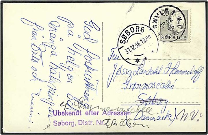 20 øre grå Gustav på postkort fra Gävle, Sverige, d. 28.12.1956 til Søborg. Ubekendt efter adressen.