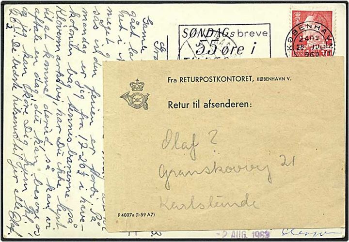 30 øre rød Fr. IX på postkort fra København d. 26.7.1960 til Kastrup. Vignet fra returpostkontoret.