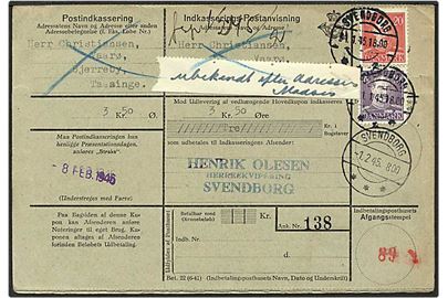 10 øre violet og 20 øre rød Chr. X på postanvisning fra Svendborg d. 31.1.1945 til Bjerreby. Hjemmelavet label med ubekendt.