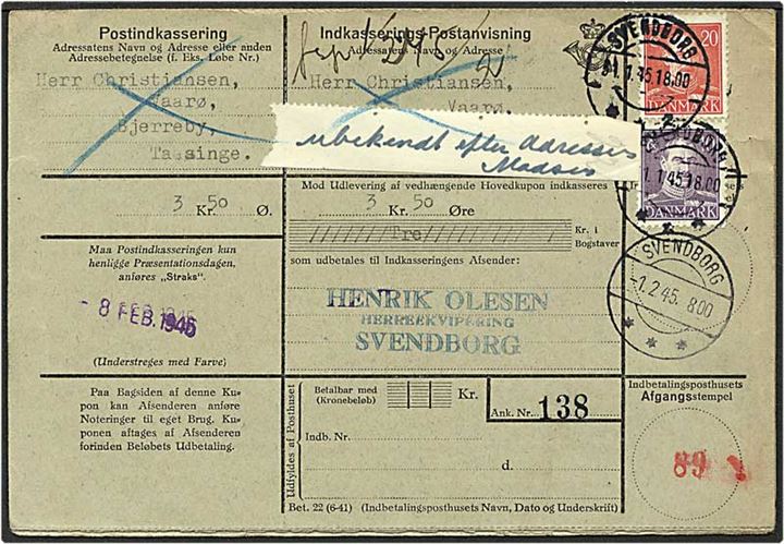 10 øre violet og 20 øre rød Chr. X på postanvisning fra Svendborg d. 31.1.1945 til Bjerreby. Hjemmelavet label med ubekendt.