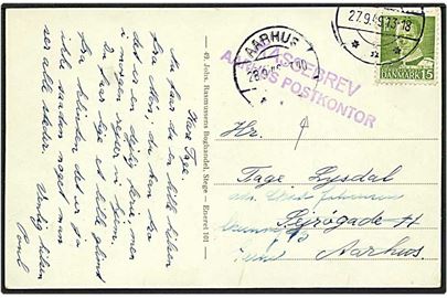 15 øre grøn Fr. IX på postkort fra d. 27.9.1949 til Aarhus. Postkortet henlagt som kassebrev.