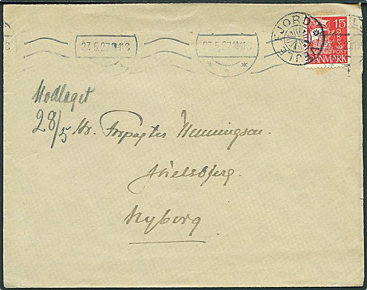 15 øre Karavel på brev annulleret med stjernestempel VEJLE FJORD og sidestemplet Vejle d. 27.5.1927 til Nyborg.